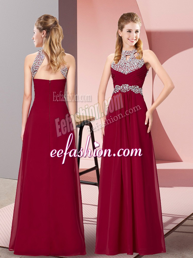  Floor Length Zipper Prom Evening Gown Burgundy for Prom and Sweet 16 and Beach with Beading and Ruching