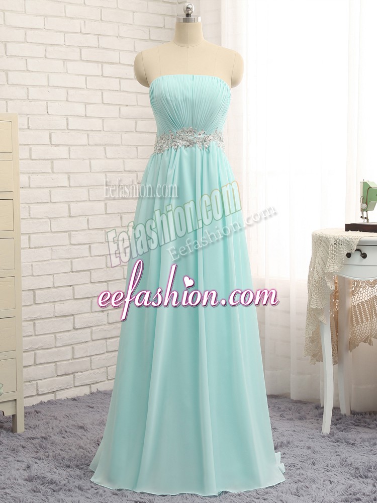 New Style Floor Length Apple Green Wedding Party Dress Chiffon Sleeveless Appliques and Ruching