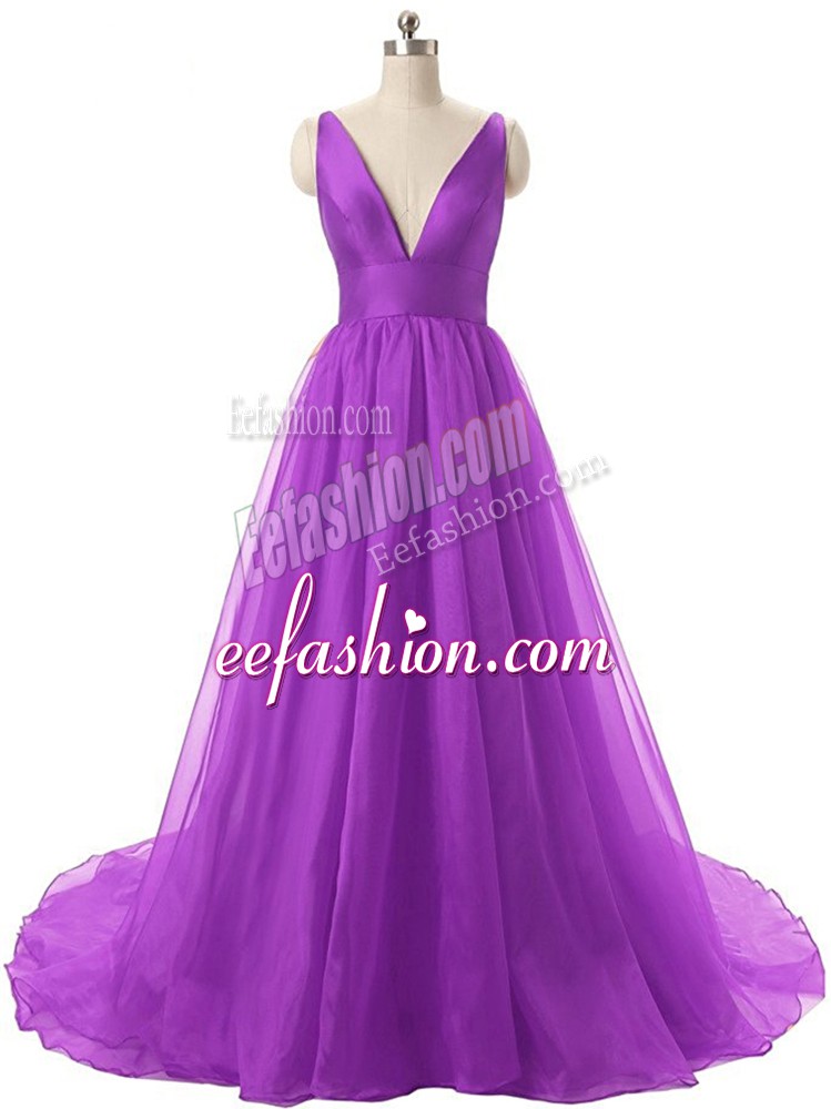 Flirting Eggplant Purple Organza Backless Prom Dresses Sleeveless Ruching