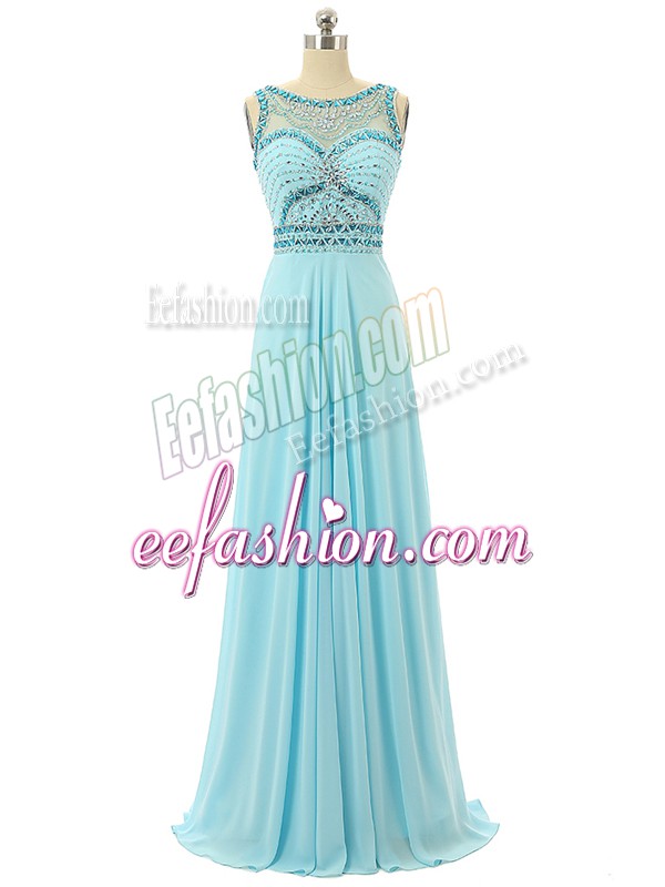 Pretty Aqua Blue Sleeveless Beading Floor Length Prom Evening Gown