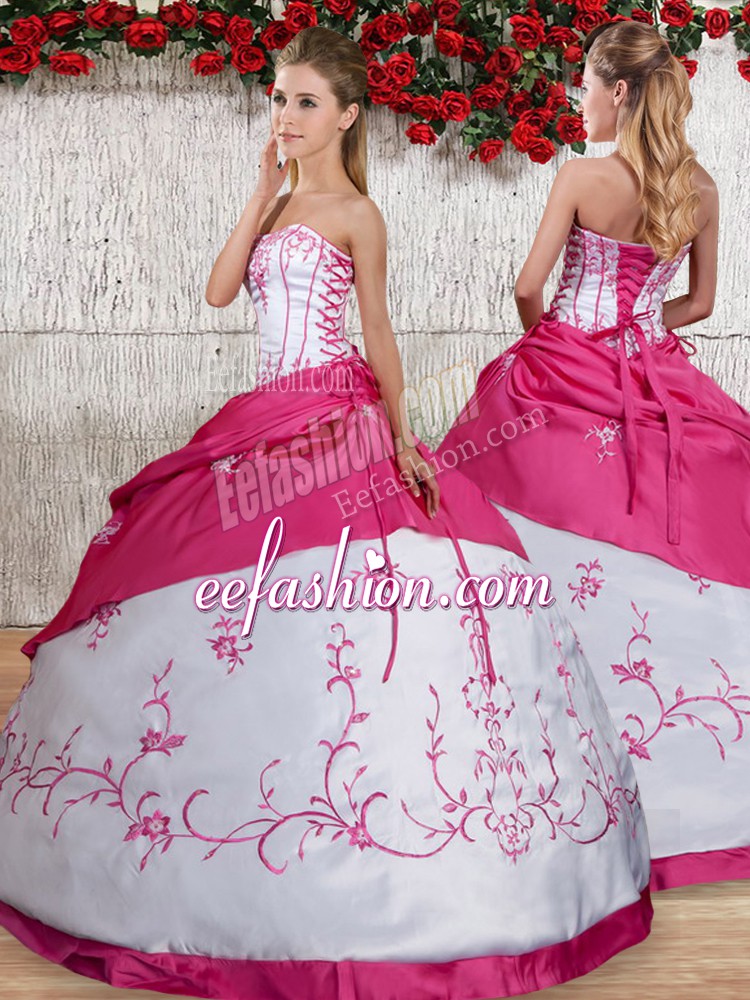 Great Strapless Sleeveless Ball Gown Prom Dress Floor Length Embroidery and Pick Ups White Taffeta