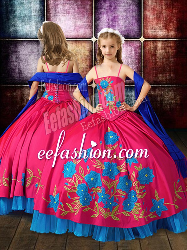 Custom Designed Spaghetti Straps Sleeveless Lace Up Child Pageant Dress Hot Pink Taffeta