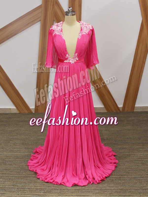 Sophisticated Hot Pink Empire Chiffon V-neck Half Sleeves Lace and Appliques and Pleated Backless Prom Evening Gown Sweep Train