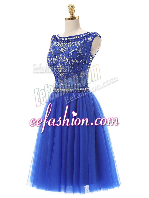  Royal Blue Zipper Prom Dress Beading Sleeveless Knee Length