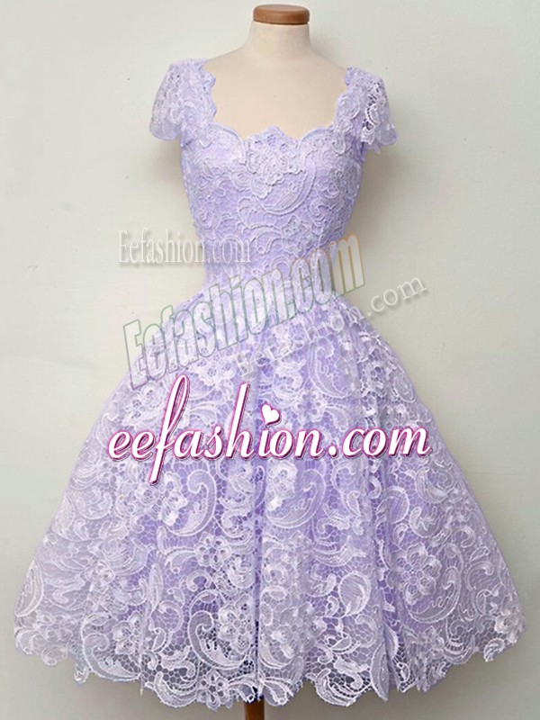 Charming Lavender Lace Lace Up Scoop Sleeveless Knee Length Bridesmaid Gown Lace