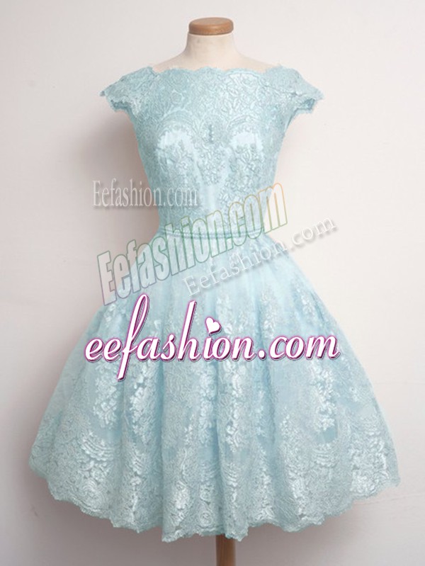  Cap Sleeves Knee Length Lace Lace Up Bridesmaid Dress with Light Blue