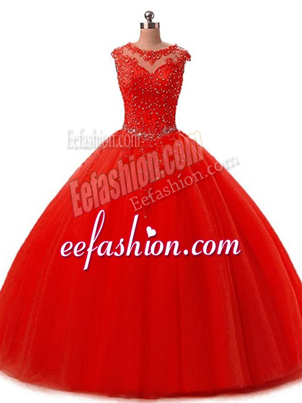 Captivating Red Lace Up Quinceanera Dress Beading and Lace Sleeveless Floor Length