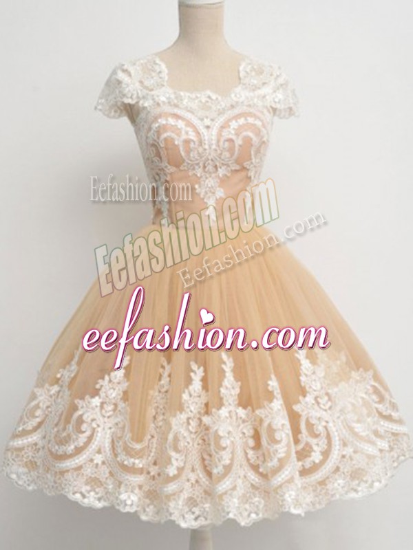  Champagne A-line Lace Bridesmaid Dress Zipper Tulle Cap Sleeves Knee Length