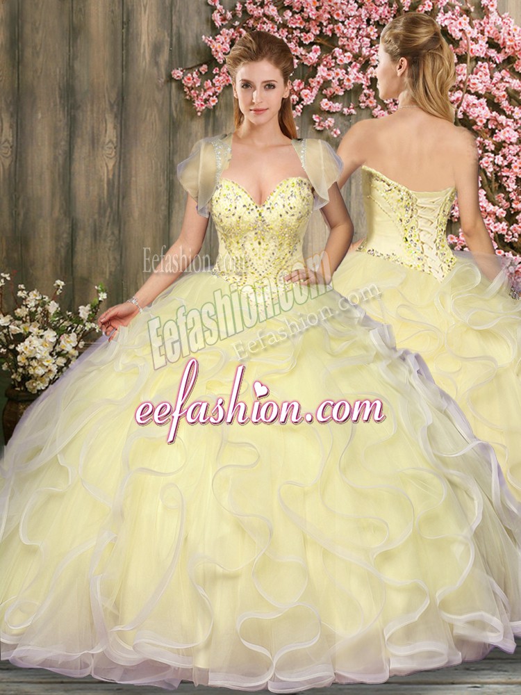 Glamorous Light Yellow Sleeveless Beading and Ruffles Floor Length Quinceanera Dress