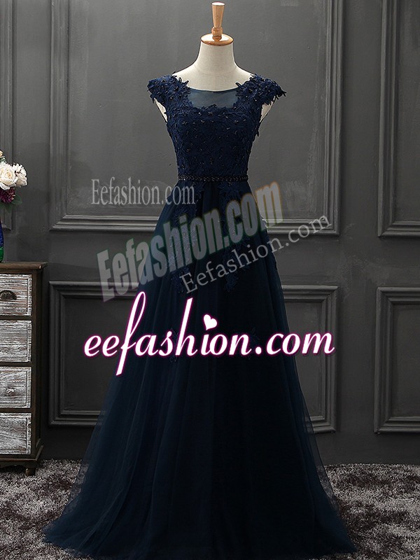 Shining Navy Blue Scoop Lace Up Beading and Lace and Appliques Mother Of The Bride Dress Sleeveless