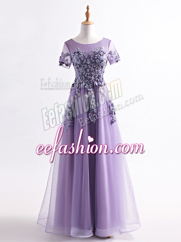 Sophisticated Lavender Tulle Backless Mother Of The Bride Dress Short Sleeves Floor Length Appliques