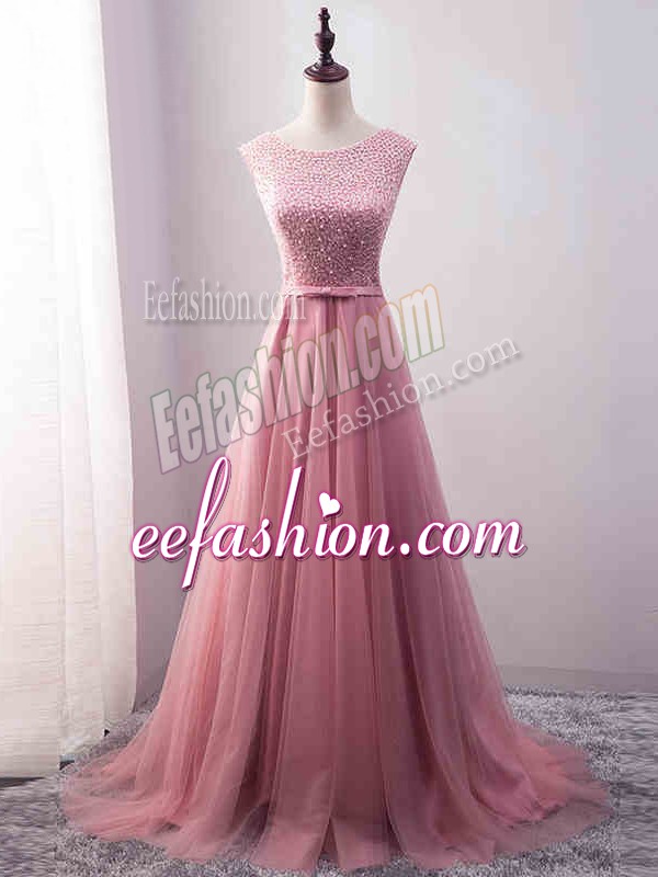  Zipper Dress for Prom Pink for Prom and Party and Military Ball and Beach with Beading and Belt Brush Train