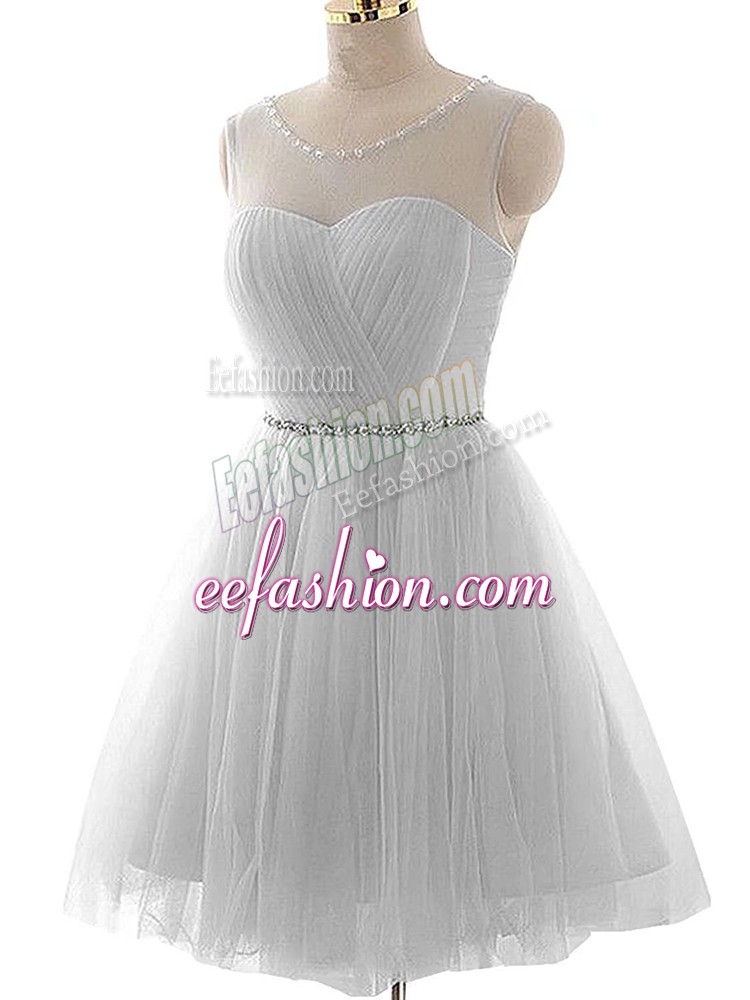Sophisticated Grey Lace Up Scoop Beading and Ruching Prom Dresses Tulle Sleeveless