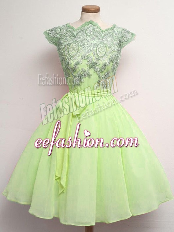 Glamorous Cap Sleeves Chiffon Knee Length Lace Up Bridesmaid Dress in Yellow Green with Lace and Belt
