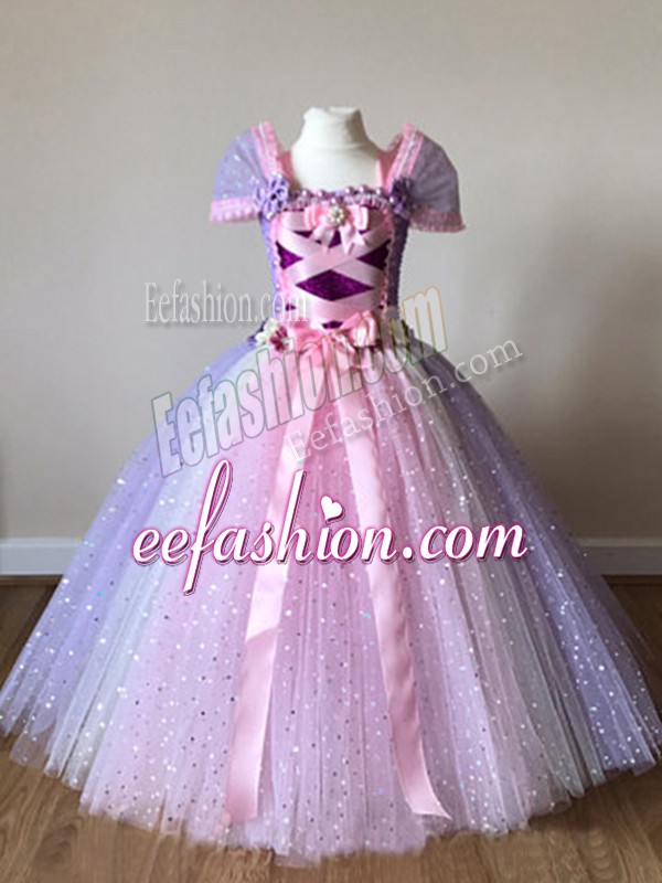  Multi-color Little Girl Pageant Gowns Wedding Party with Sequins and Bowknot Off The Shoulder Cap Sleeves Side Zipper