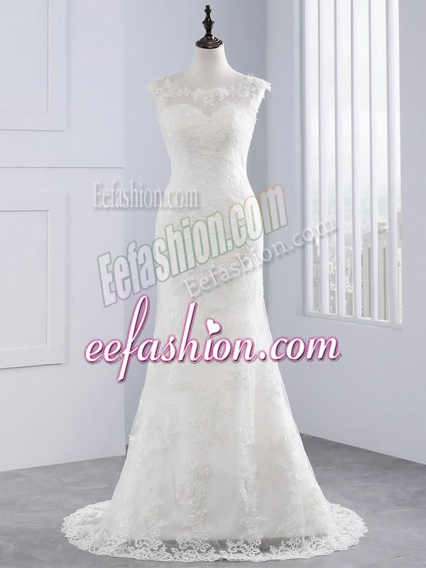  White Scoop Zipper Lace and Appliques Wedding Gowns Sleeveless