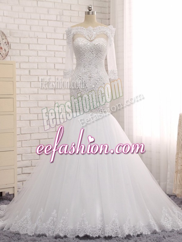 New Style Floor Length Zipper Bridal Gown White for Wedding Party with Beading and Lace