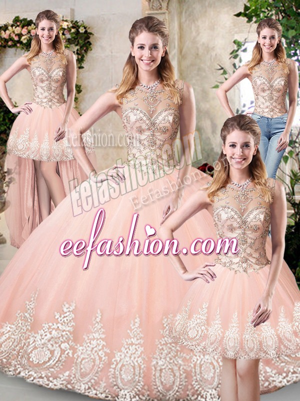 Amazing Peach Sleeveless Tulle Backless 15th Birthday Dress for Prom and Military Ball and Sweet 16 and Quinceanera