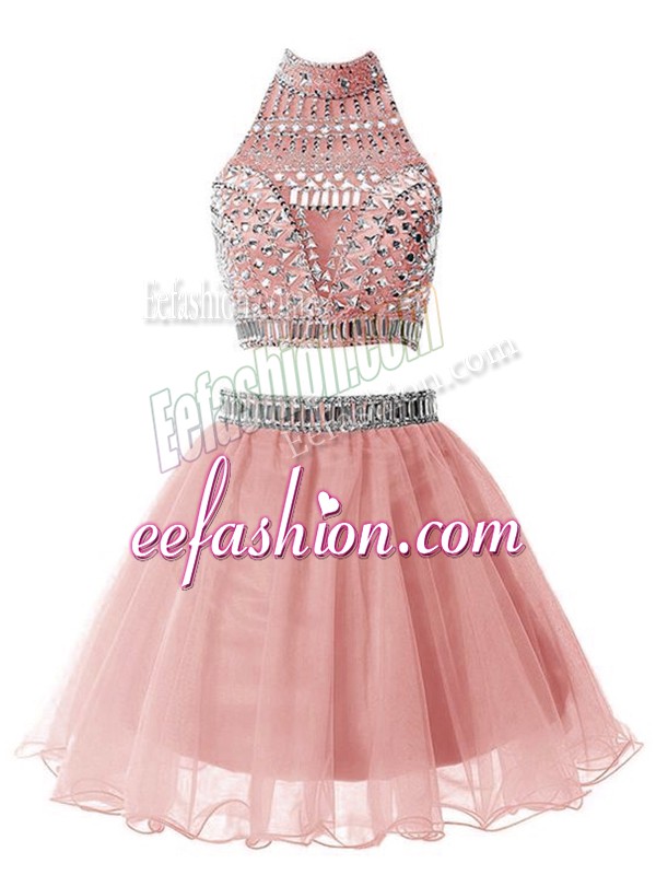 Most Popular Pink Quinceanera Dama Dress Party and Wedding Party with Beading High-neck Sleeveless Zipper