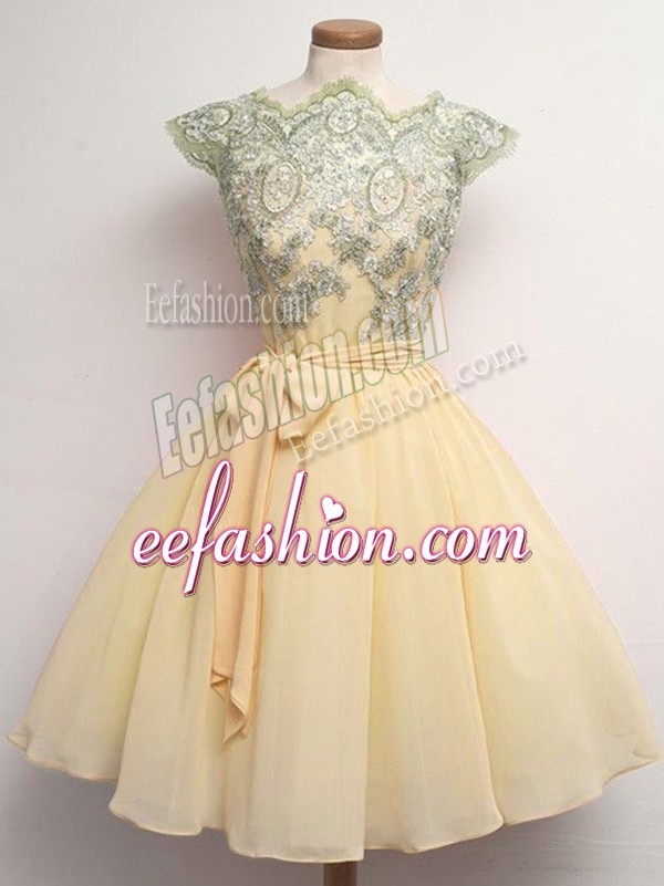  Champagne Scalloped Lace Up Lace and Belt Quinceanera Dama Dress Cap Sleeves