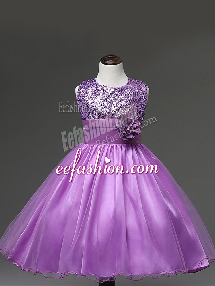  Lilac Ball Gowns Scoop Sleeveless Tulle Knee Length Zipper Sequins and Hand Made Flower Kids Formal Wear