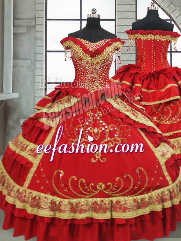  Red Satin and Taffeta Zipper Off The Shoulder Cap Sleeves Floor Length Quince Ball Gowns Beading and Embroidery and Ruffled Layers