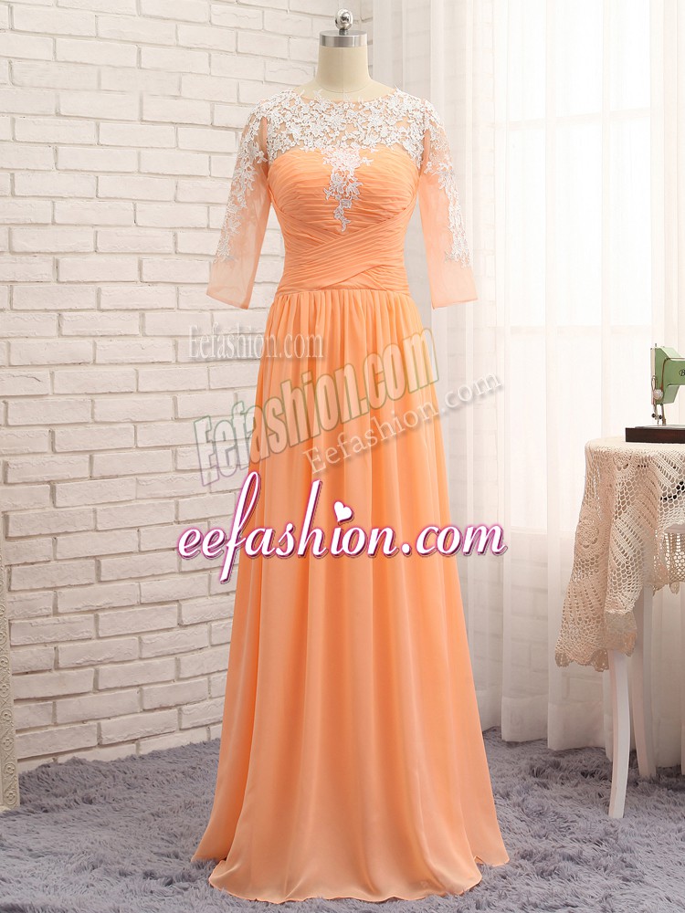 Sophisticated Orange Zipper Bateau Lace and Appliques and Ruching Formal Dresses Chiffon Long Sleeves