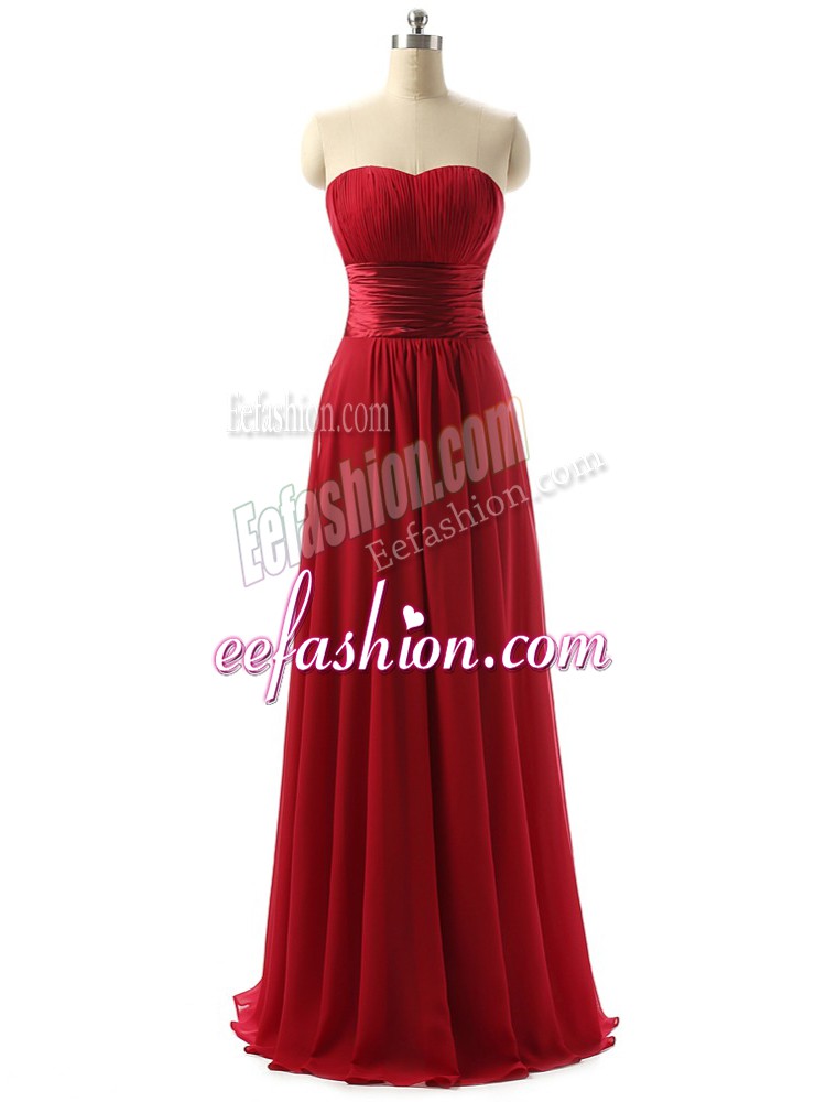  Sleeveless Floor Length Ruching Lace Up Damas Dress with Wine Red