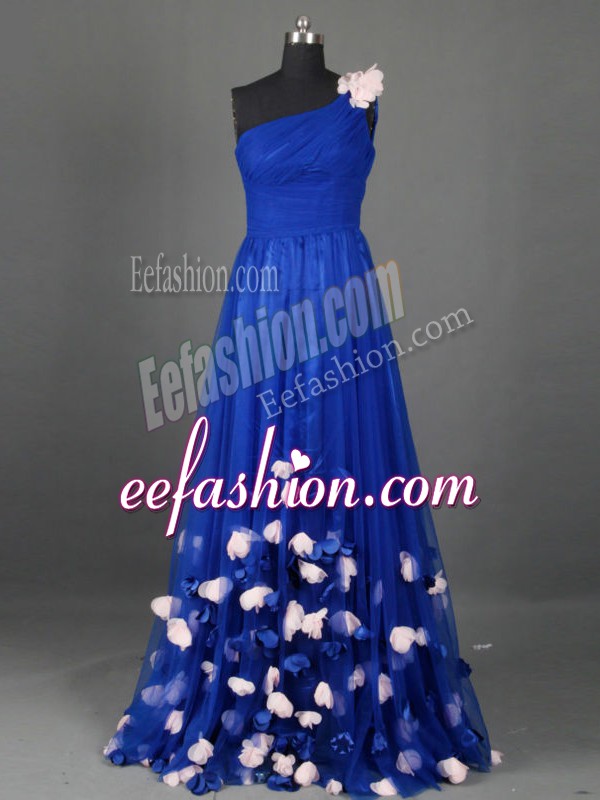  Royal Blue Prom and Sweet 16 with Beading and Hand Made Flower One Shoulder Sleeveless Side Zipper