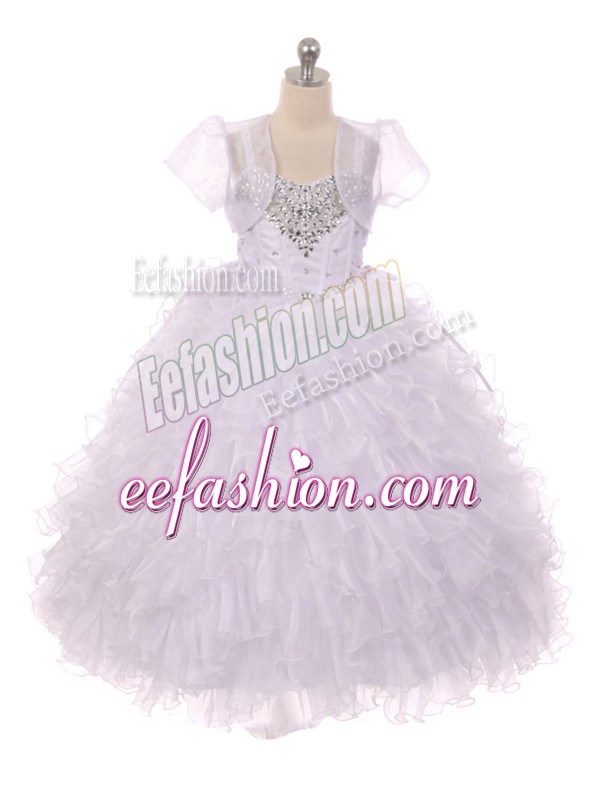  White Lace Up Little Girl Pageant Gowns Beading and Ruffles Sleeveless Floor Length