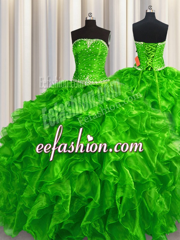  Ball Gowns Quince Ball Gowns Green Strapless Organza Sleeveless Floor Length Lace Up
