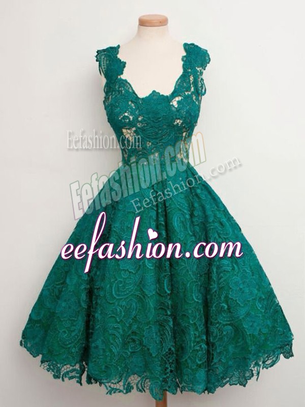 Free and Easy Lace Wedding Guest Dresses Dark Green Lace Up Sleeveless Knee Length