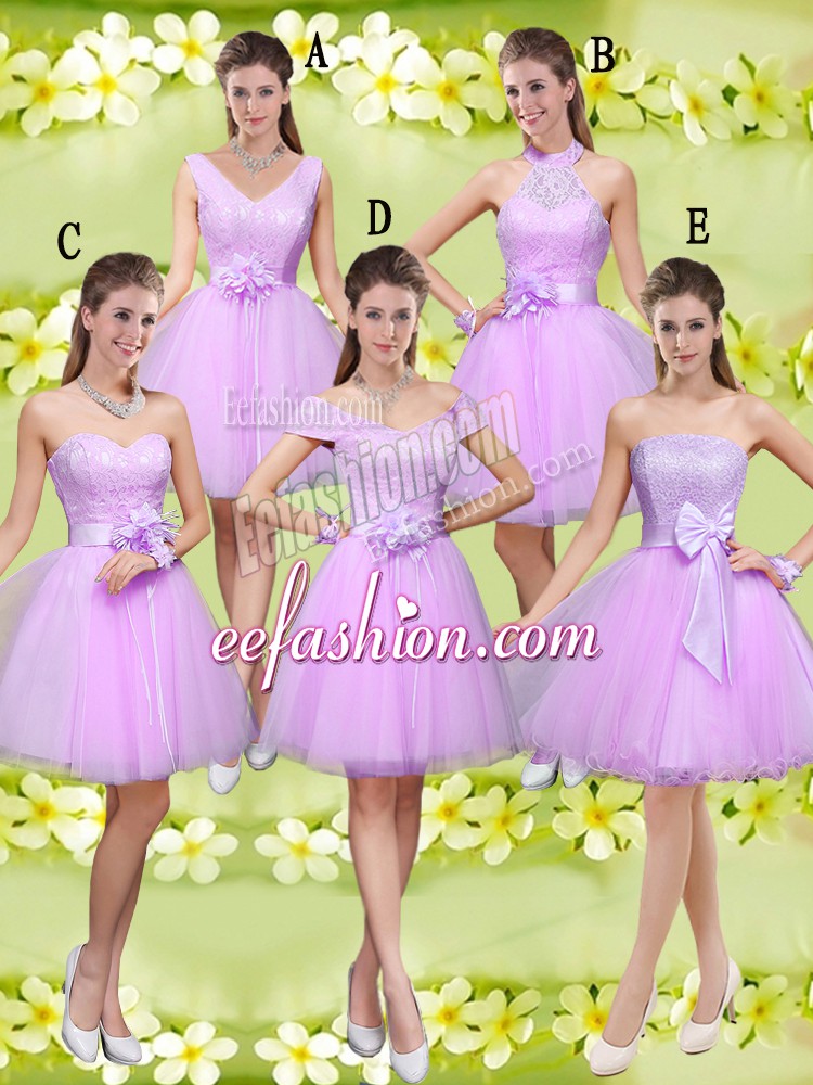 Sweet Knee Length Lilac Quinceanera Court Dresses Tulle Sleeveless Lace and Belt