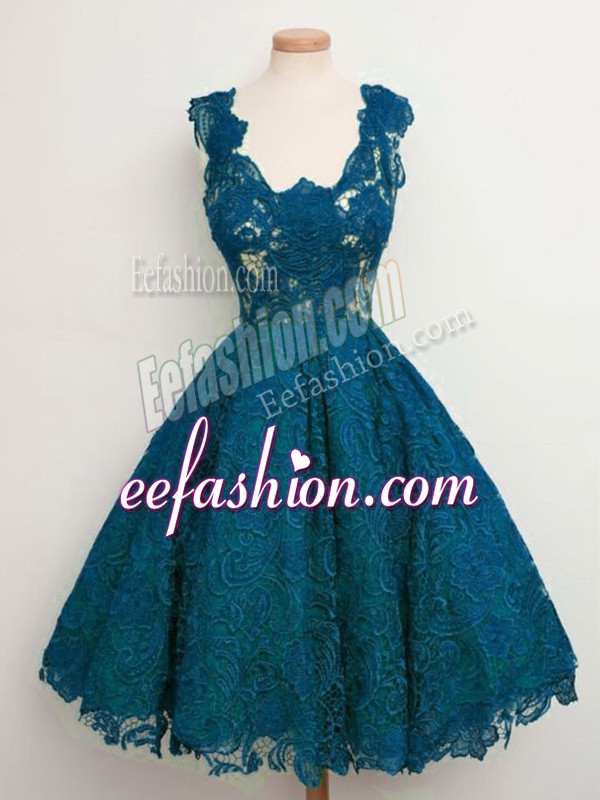 Trendy Knee Length Teal Quinceanera Court of Honor Dress Straps Sleeveless Lace Up
