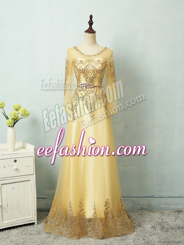  Long Sleeves Zipper Floor Length Beading and Appliques and Belt Evening Gowns