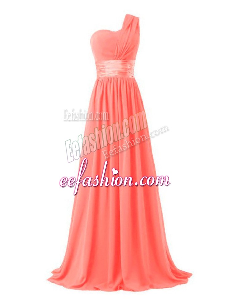 Exquisite Floor Length Empire Sleeveless Watermelon Red Bridesmaid Gown Lace Up