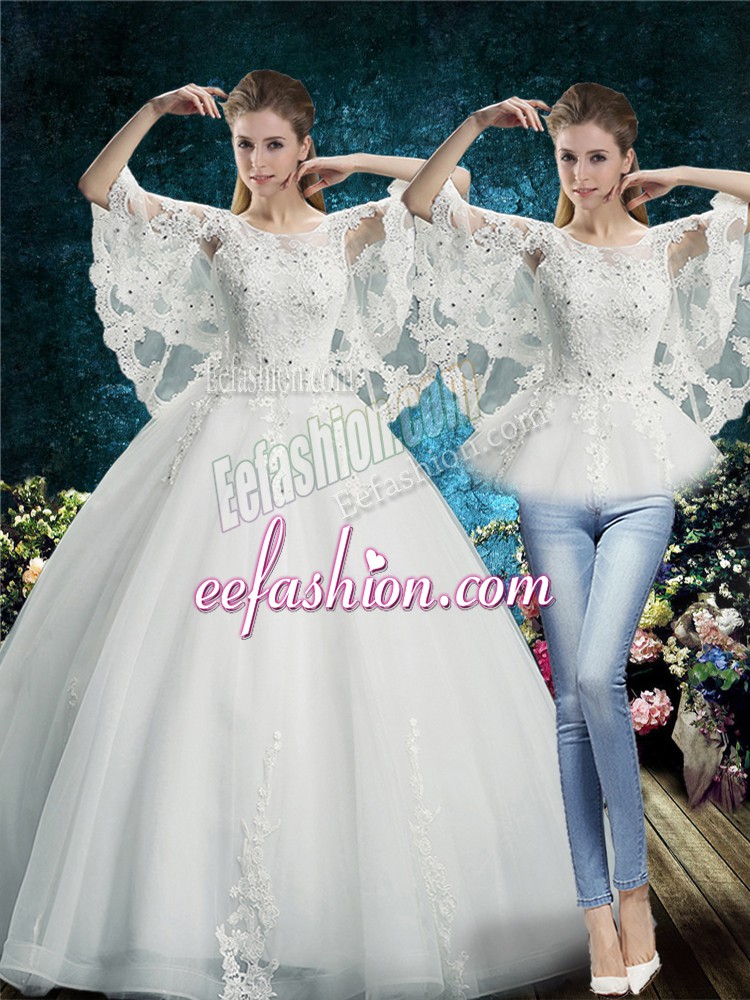  White Lace Up Bridal Gown Lace Half Sleeves Floor Length
