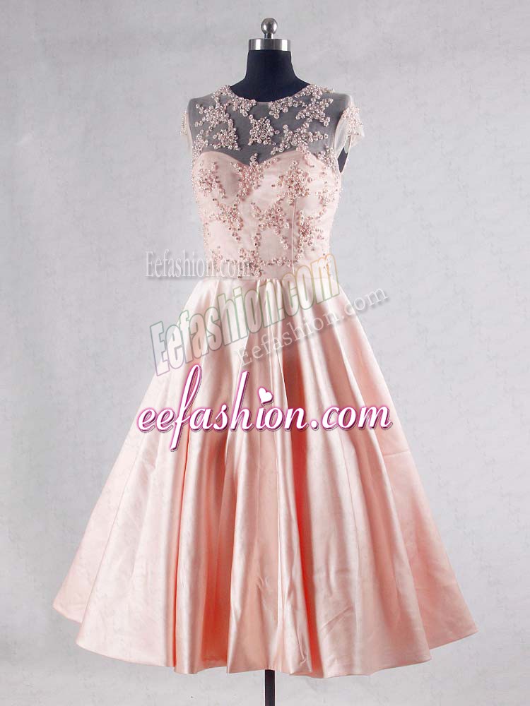 Enchanting Knee Length Zipper Prom Evening Gown Pink for Prom and Party and Sweet 16 with Beading and Appliques