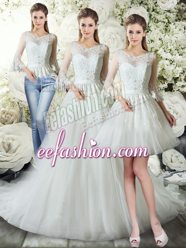  Tulle V-neck 3 4 Length Sleeve Court Train Zipper Lace Wedding Dress in White