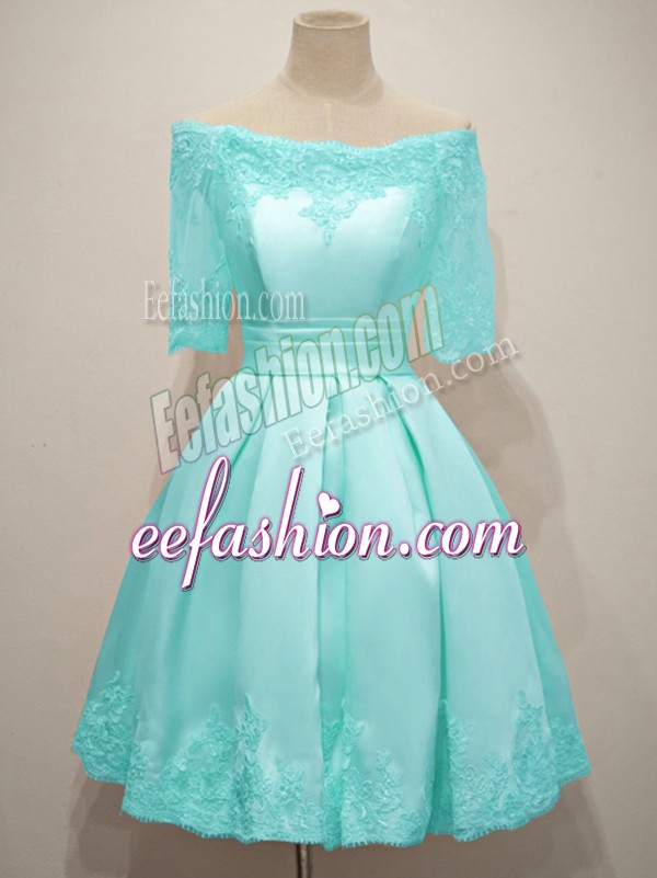  Taffeta Off The Shoulder Half Sleeves Lace Up Lace Wedding Party Dress in Aqua Blue