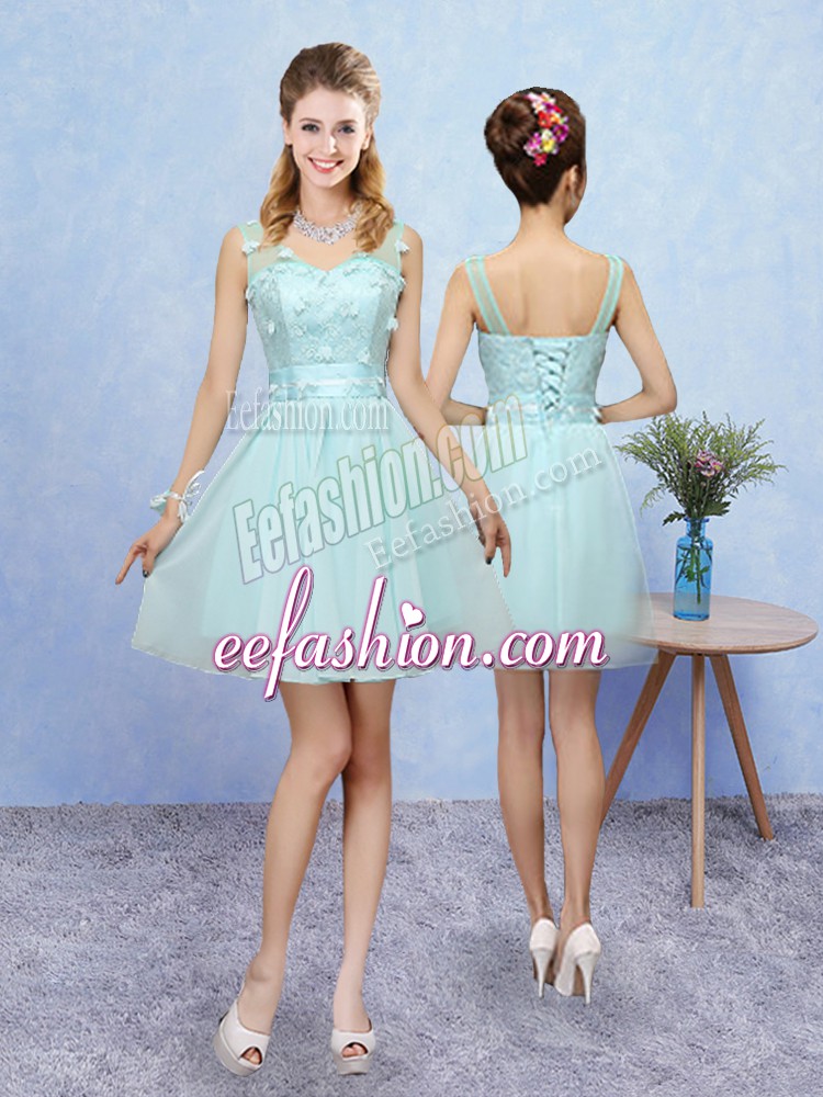 Free and Easy Straps Sleeveless Tulle Bridesmaids Dress Appliques Lace Up