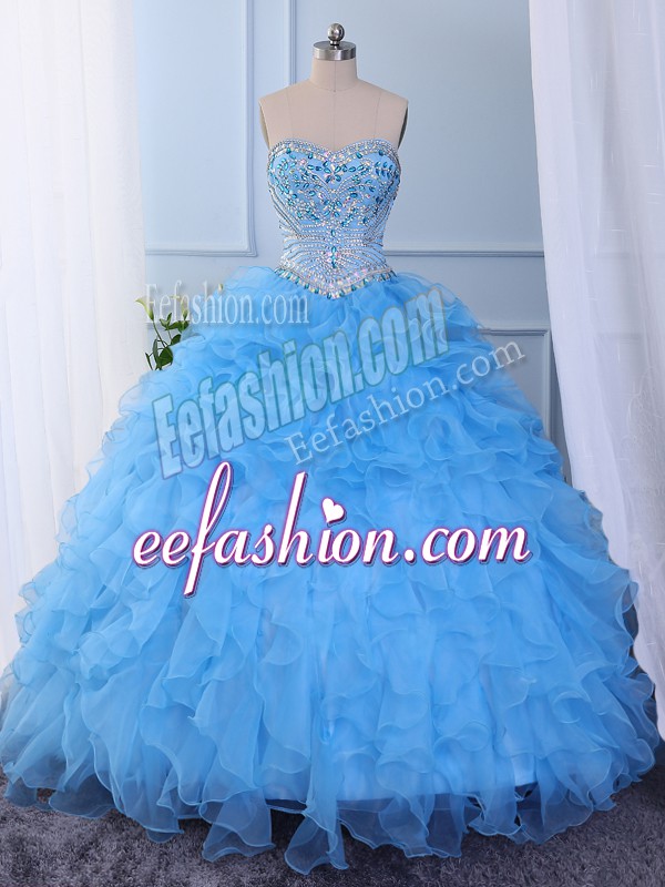 Nice Ball Gowns Sweet 16 Dress Baby Blue Sweetheart Organza Sleeveless Floor Length Lace Up