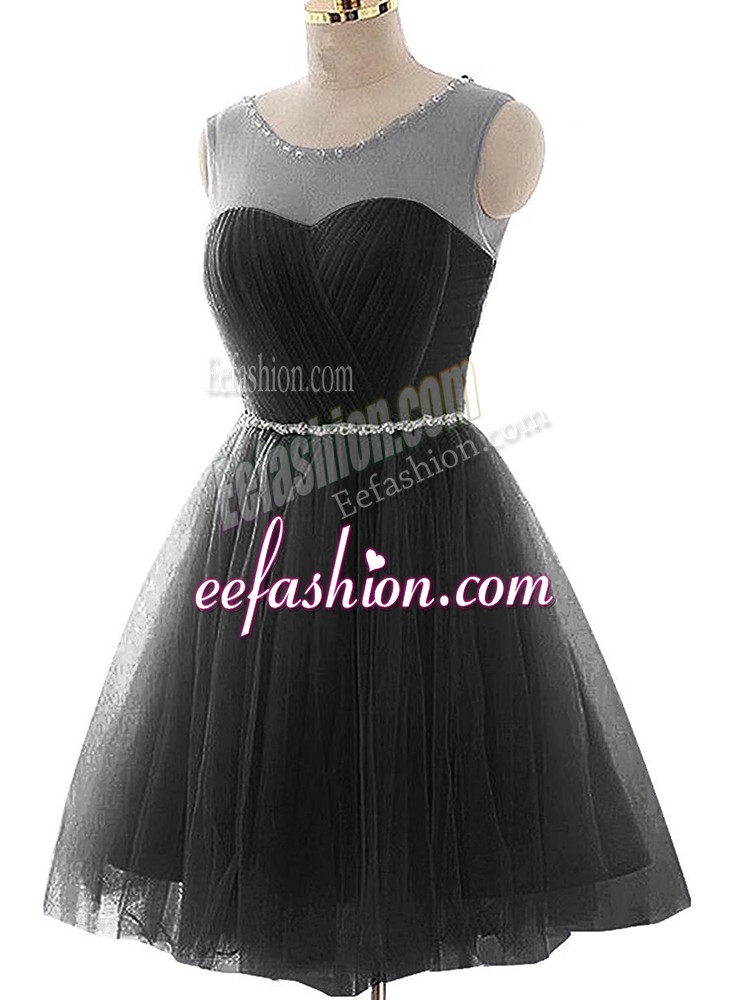 Hot Sale Black Prom Dresses Prom and Party and Beach with Beading and Ruching Scoop Sleeveless Lace Up