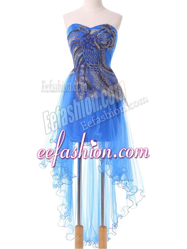 New Arrival Sleeveless Lace Up High Low Appliques Prom Dress