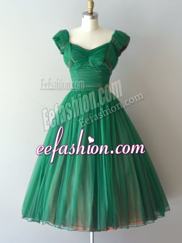  Green Bridesmaid Dress Prom and Party and Sweet 16 with Ruching V-neck Cap Sleeves Lace Up