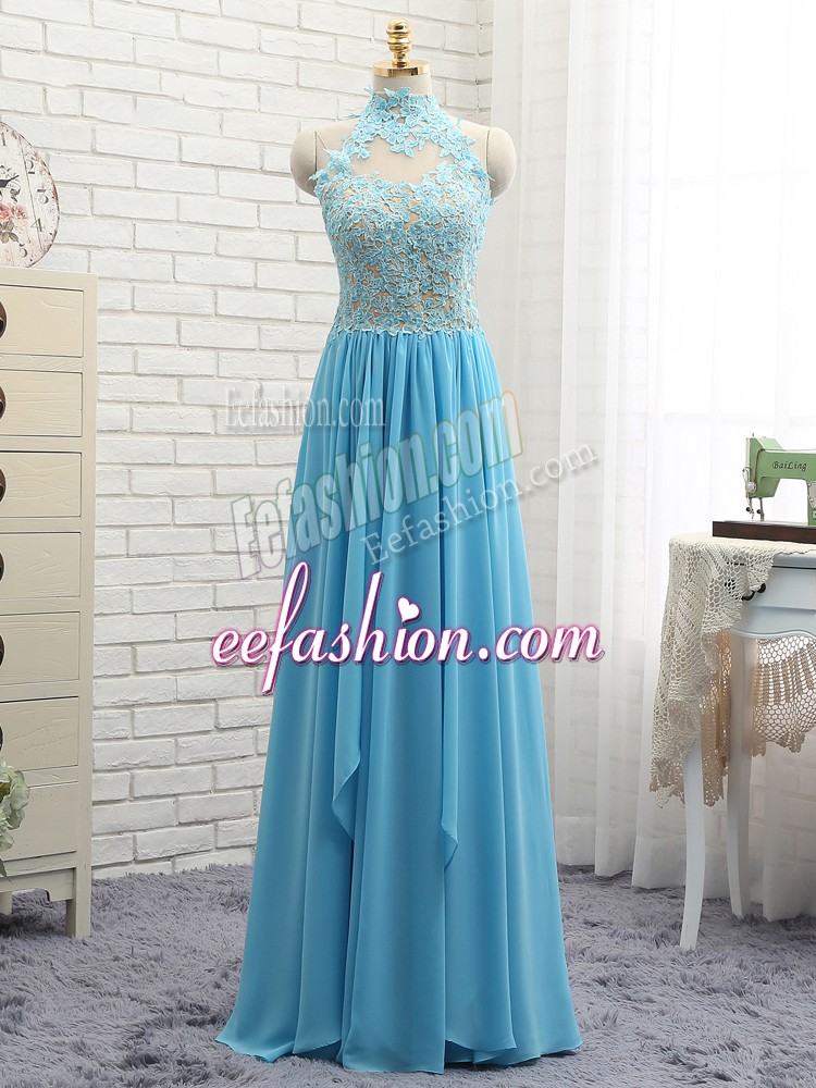 Floor Length Baby Blue Prom Gown Halter Top Sleeveless Backless