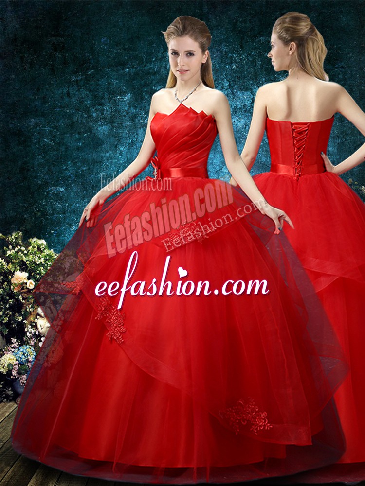 Amazing Red Ball Gowns Appliques Wedding Gowns Lace Up Organza Sleeveless Floor Length
