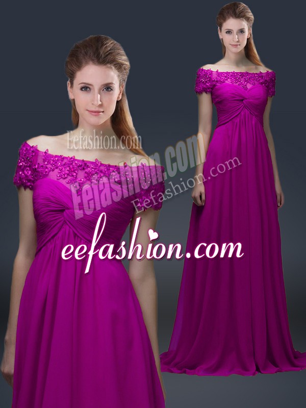 Fuchsia Empire Off The Shoulder Short Sleeves Chiffon Floor Length Lace Up Appliques Mother Of The Bride Dress
