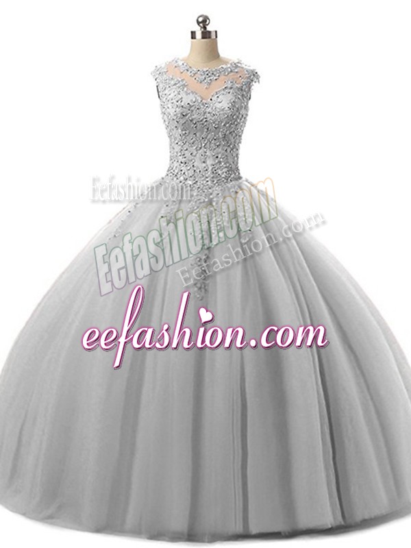 Spectacular Grey Ball Gowns Beading and Lace Quinceanera Gown Lace Up Tulle Sleeveless Floor Length