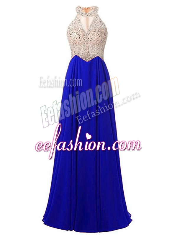 Fitting Royal Blue Sleeveless Beading Floor Length Prom Evening Gown